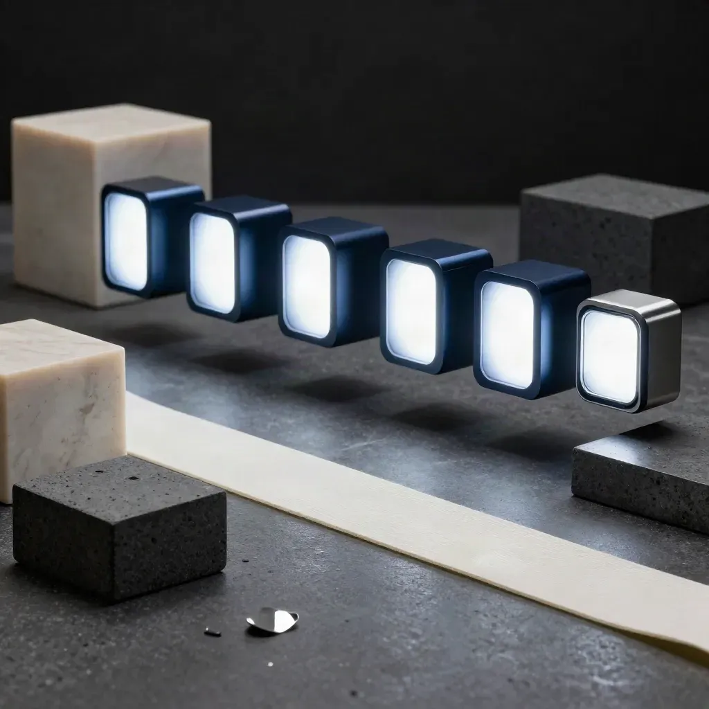Décor publicitaire minimal avec cubes travertin, rubans et modules lumineux bleu nuit