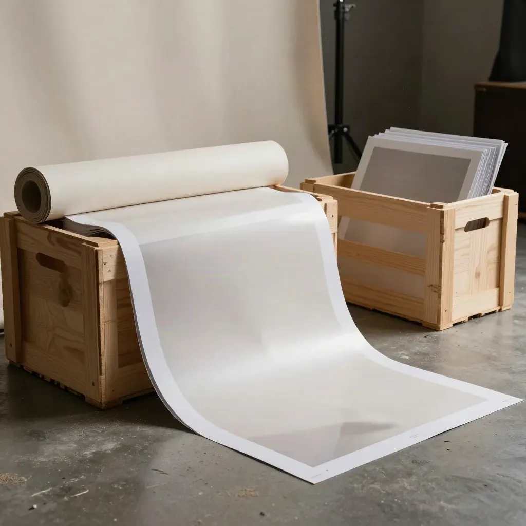 Studio photo avec tirages de campagne, fonds roulés et caisses en bois clair.