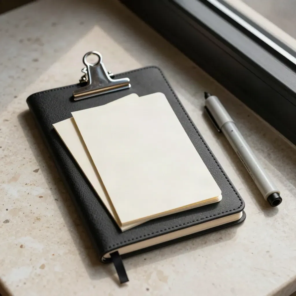 Carnet de réalisation, cartes de séquence, pince bulldog et marqueur blanc sur travertin.