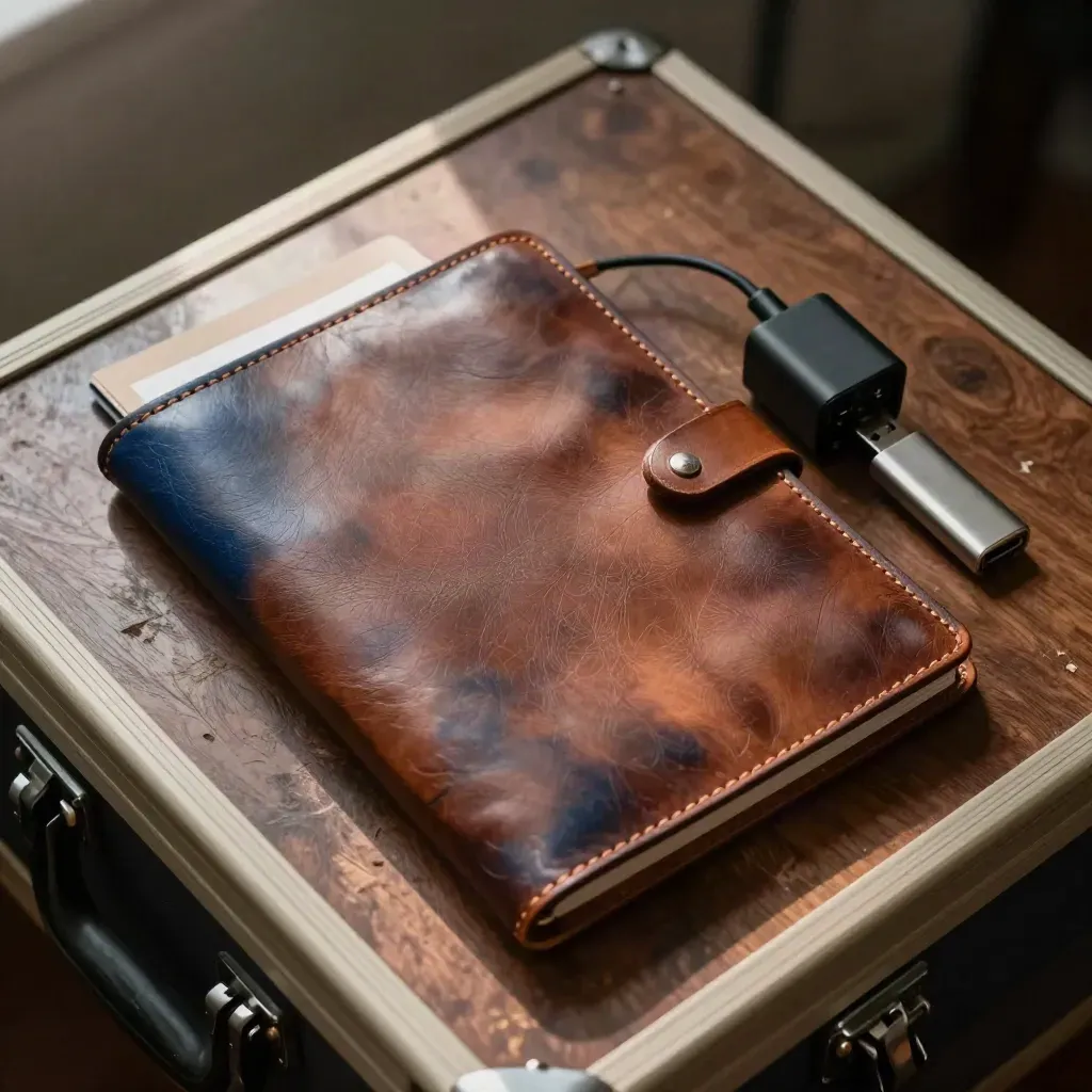 Classeur en cuir, cartes d’accès, chargeur multiports et clé USB sur un fond d’atelier.