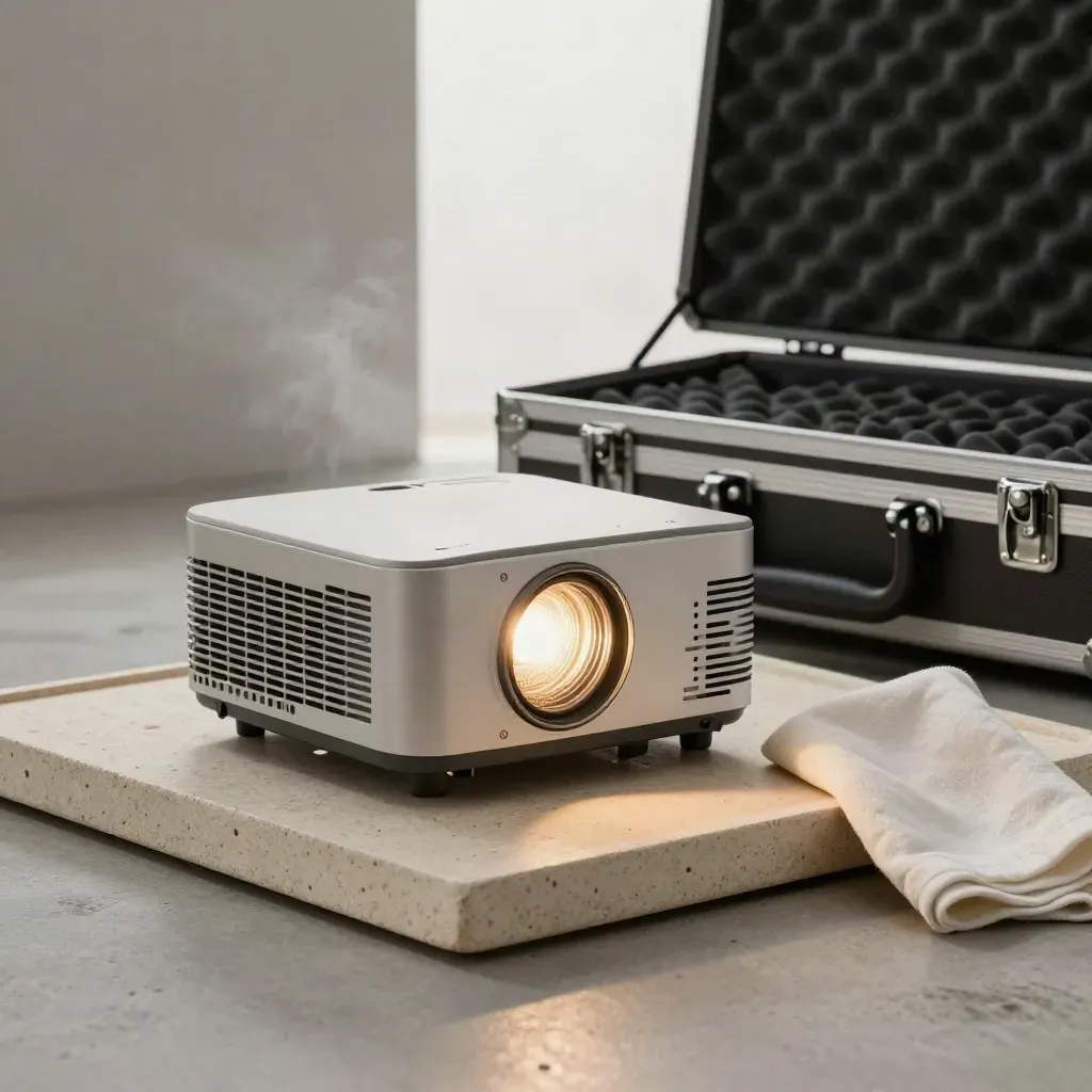 Projecteur LED allumé sur pierre, pince et flight case entrouvert, lumière douce et fumée légère.