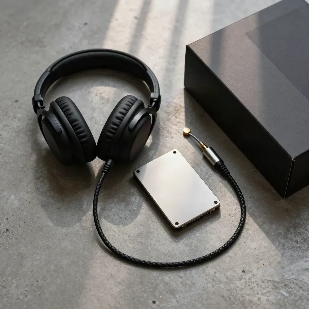Flatlay zénithal d’un casque, SSD métal, câble tressé et boîtier d’export sur béton.