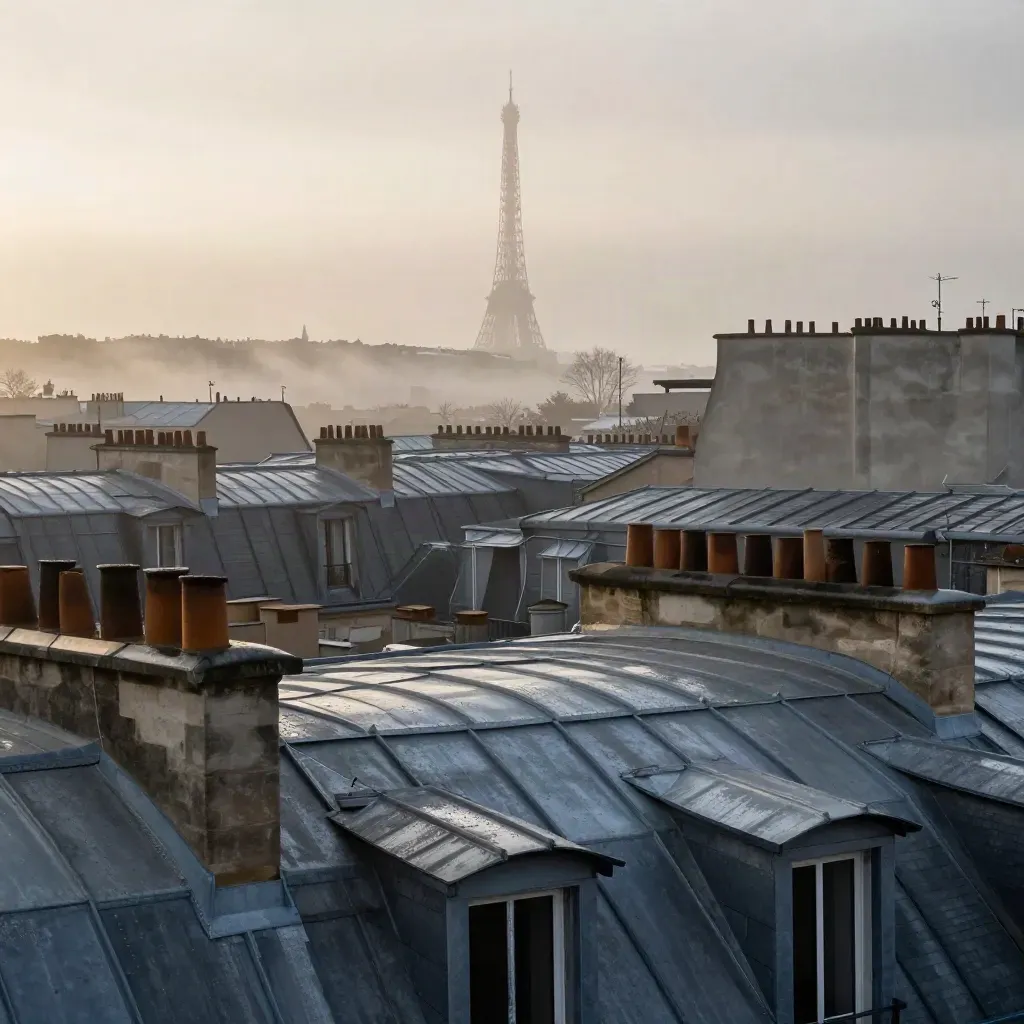 Toits de zinc parisiens à l’aube, tour Eiffel lointaine dans la brume après la pluie.