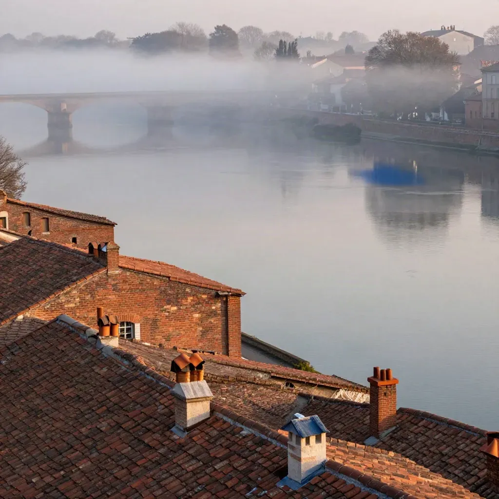 Toits roses de Toulouse sur la Garonne, pont perdu dans la brume du matin.